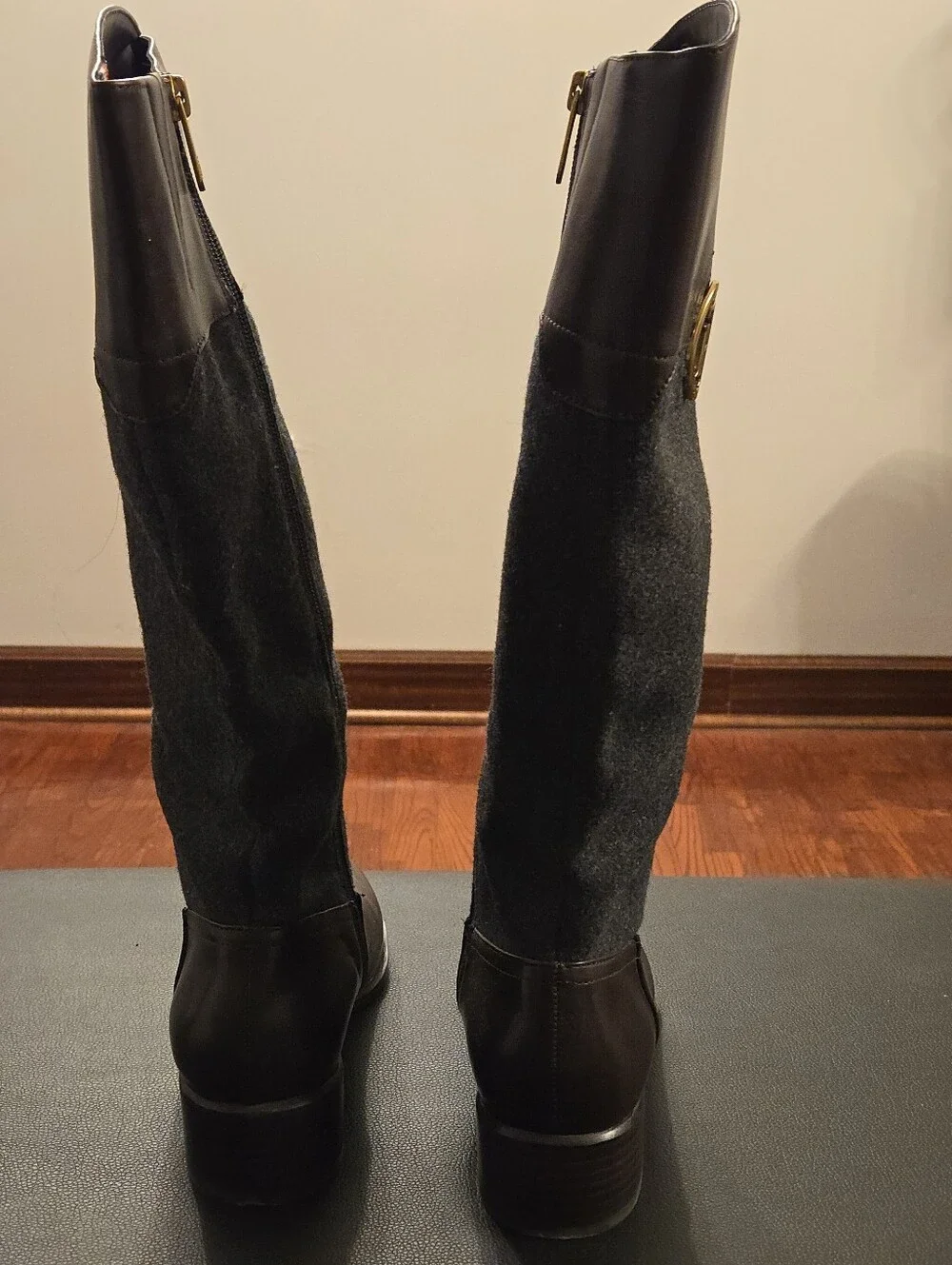 Tommy Hilfiger Brown Leather & Charcoal Wool Tall Riding Boots Size 7.5